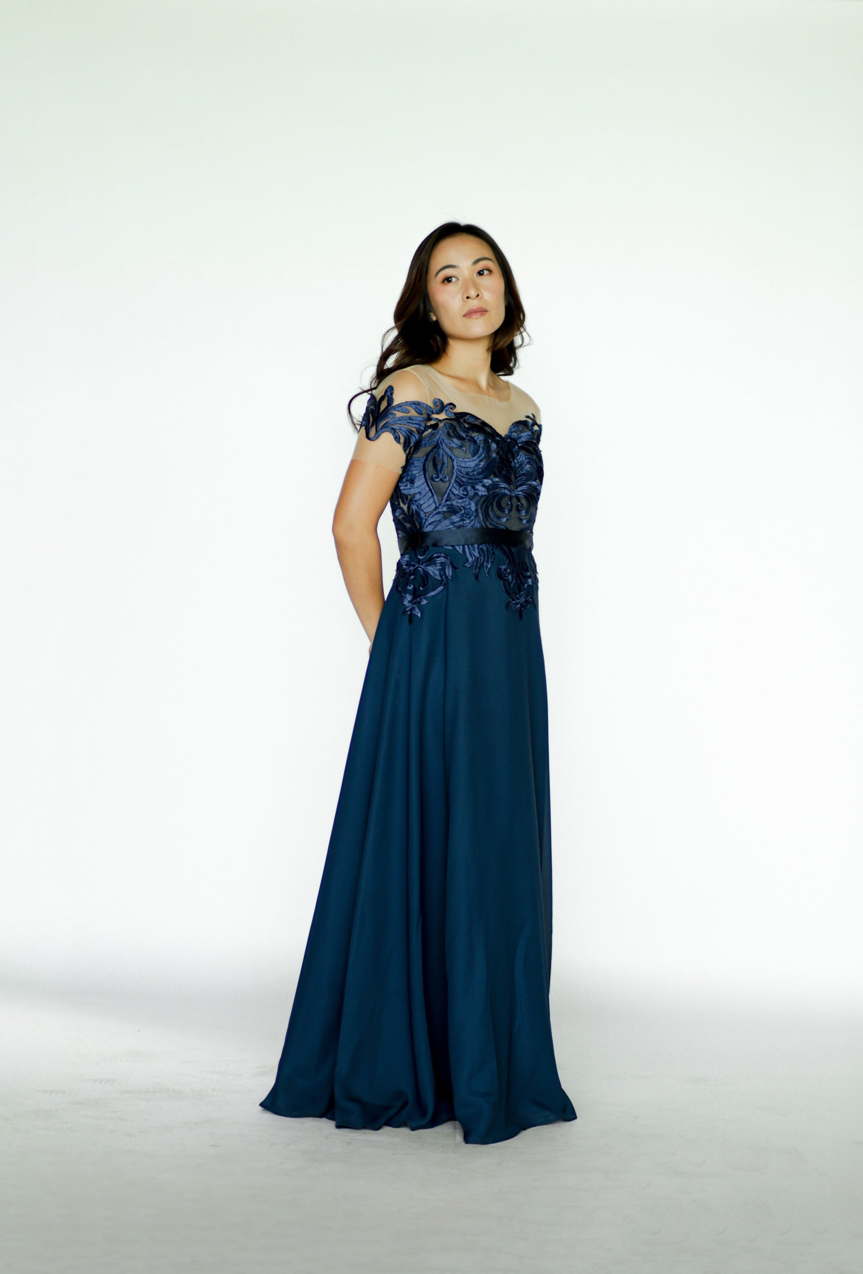 Navy Blue Maxi Dress with Lace Detail on Top