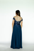 Navy Blue Maxi Dress with Lace Detail on Top