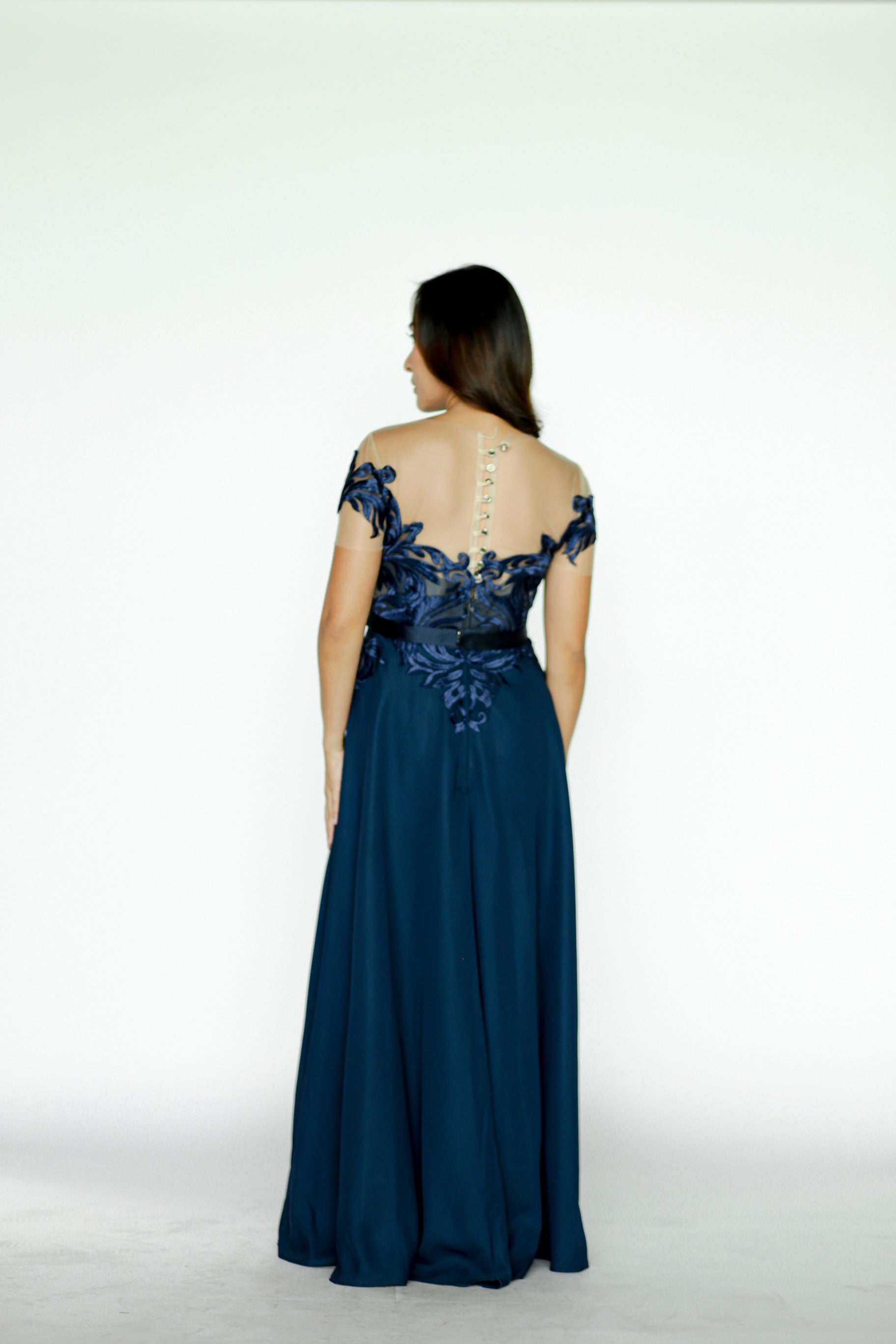 Navy Blue Maxi Dress with Lace Detail on Top