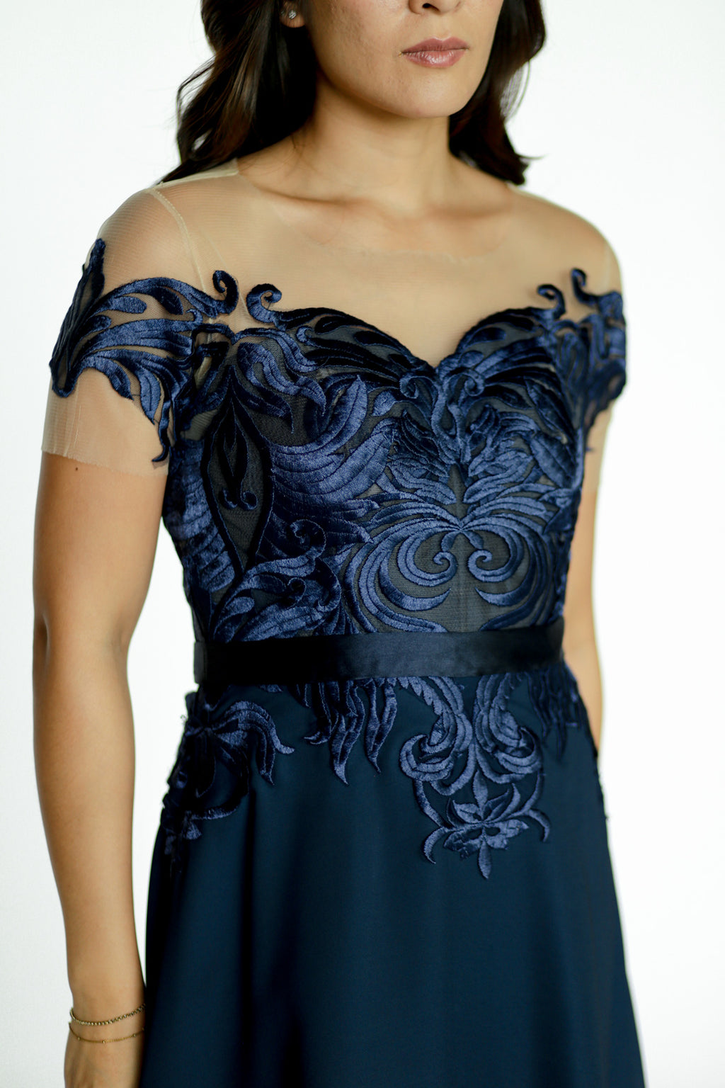 Navy Blue Maxi Dress with Lace Detail on Top