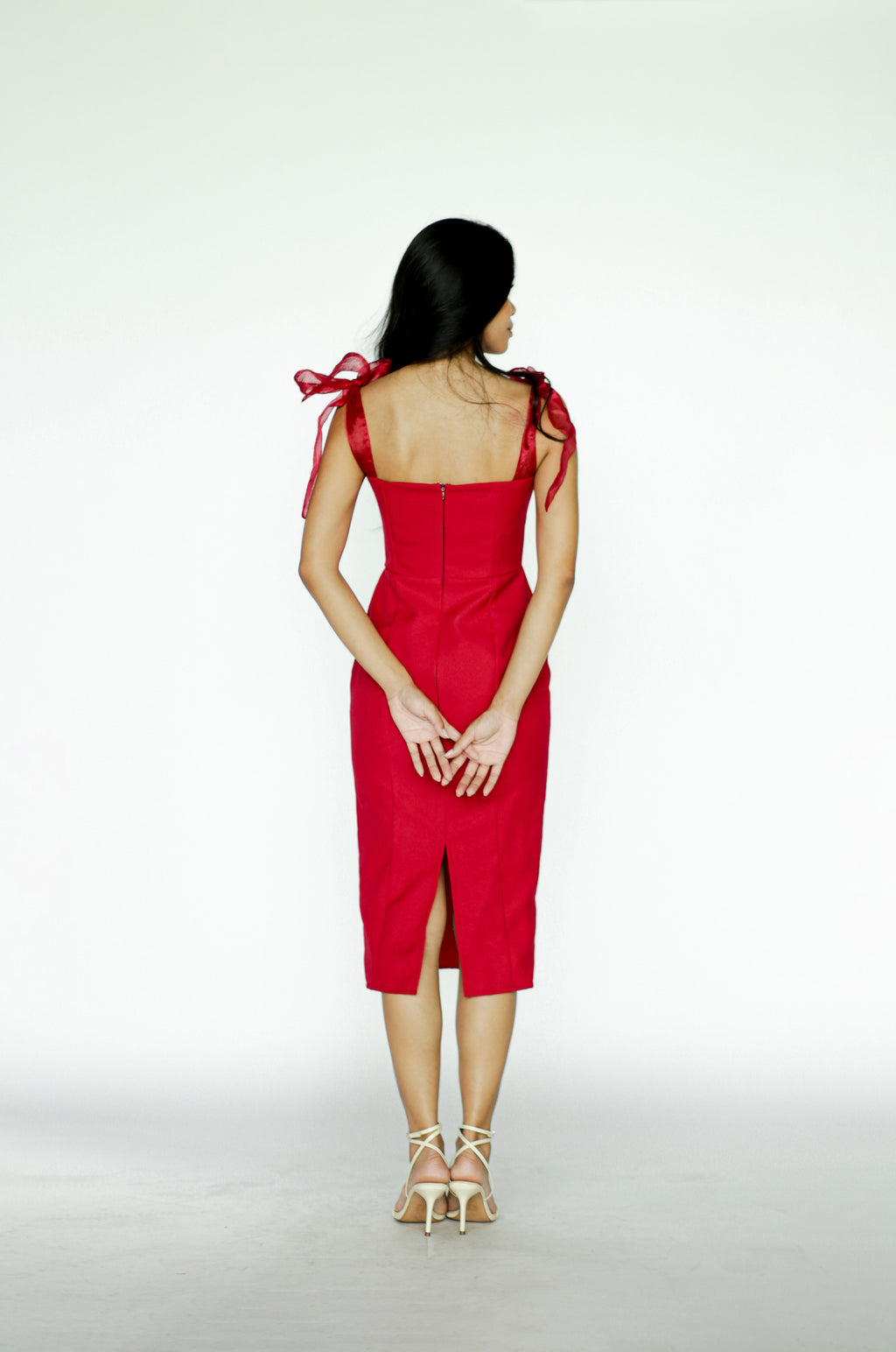 Red Midi Dress with Bow Straps