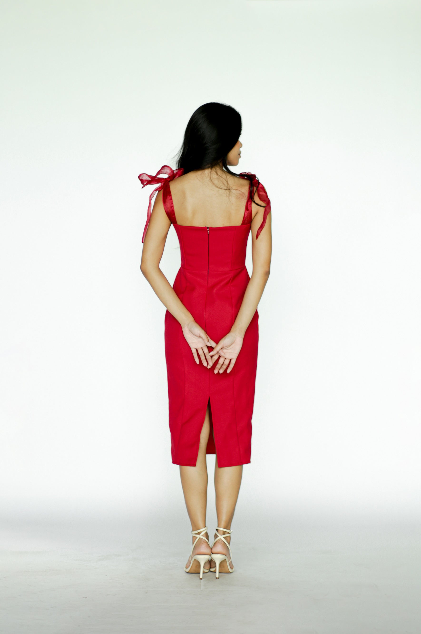 Red Midi Dress with Bow Straps