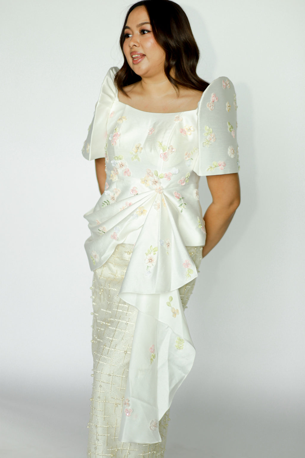 White Filipinina Top with Floral Applique