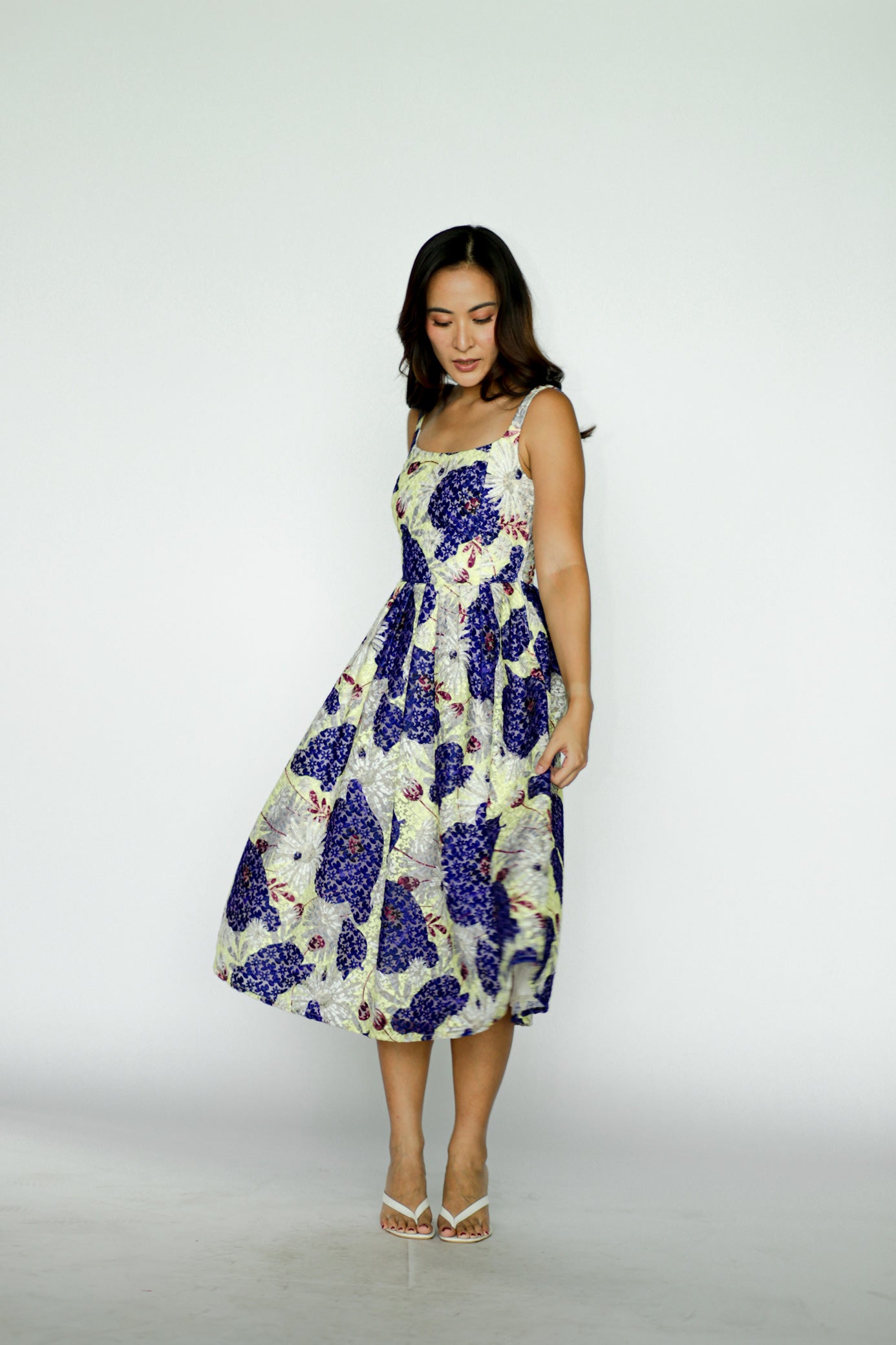 Green and Purple Floral Cut Out Midi Dress