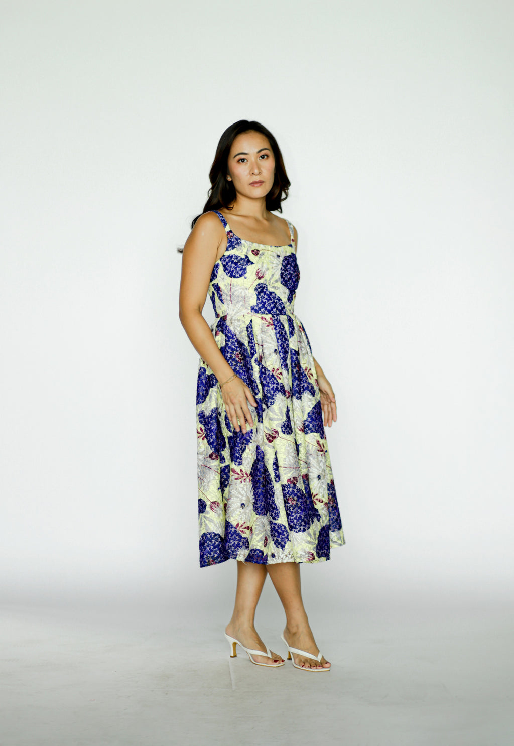 Green and Purple Floral Cut Out Midi Dress