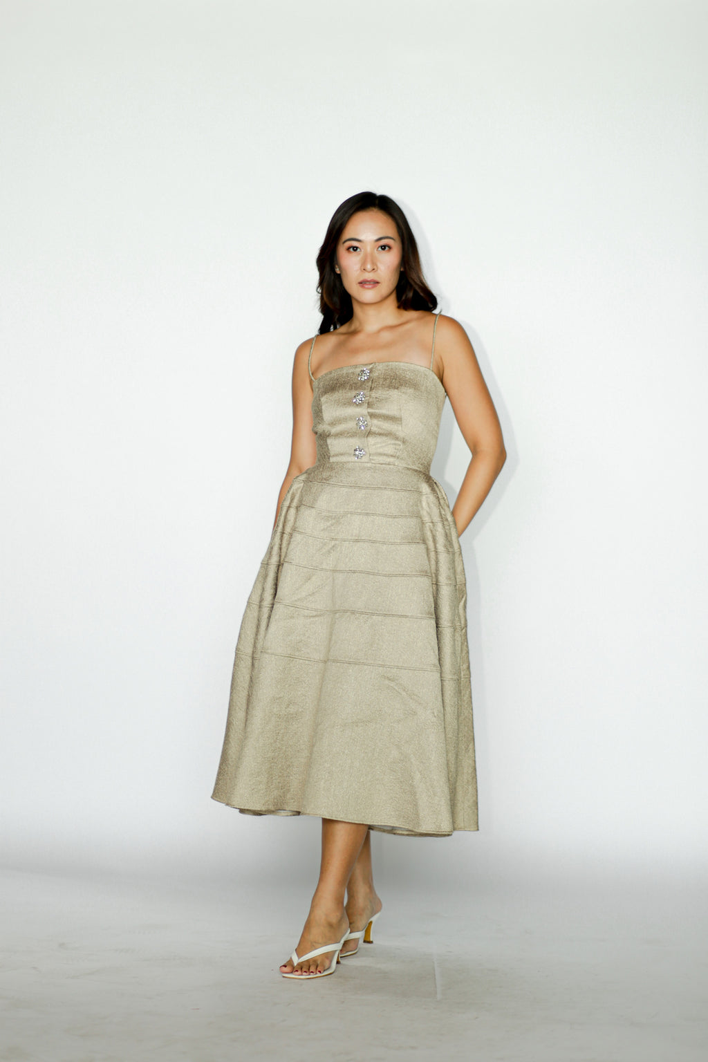Beige Midi Dress With Crystal Button Details