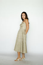 Beige Midi Dress With Crystal Button Details