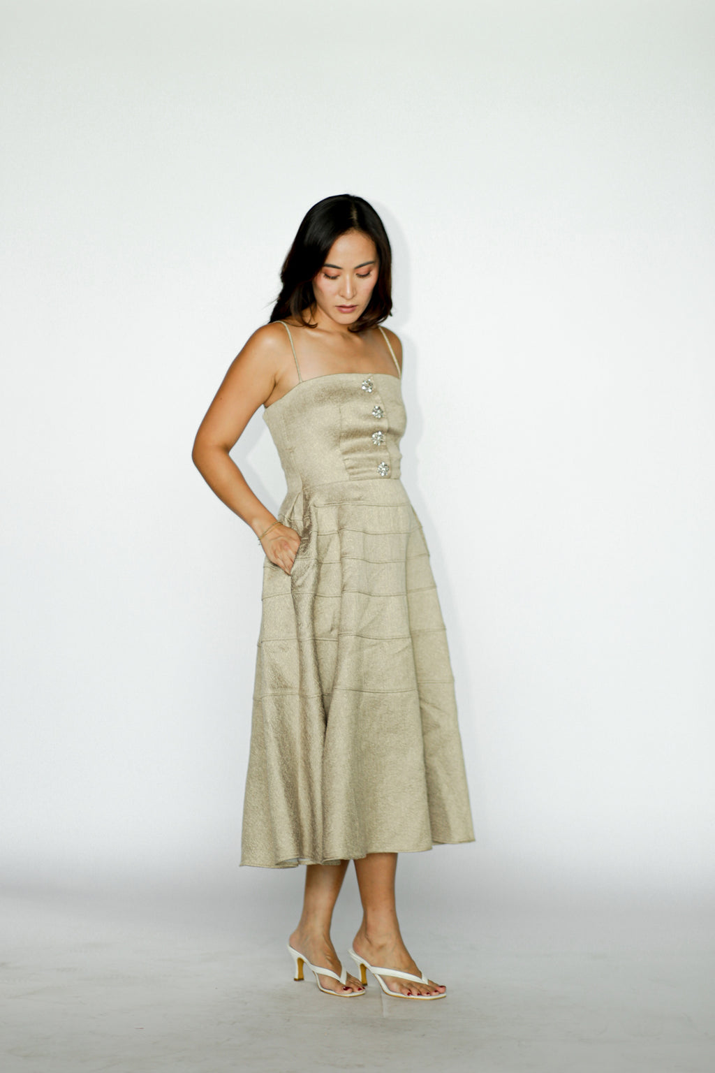Beige Midi Dress With Crystal Button Details