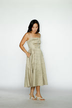 Beige Midi Dress With Crystal Button Details
