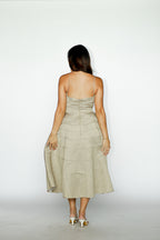 Beige Midi Dress With Crystal Button Details