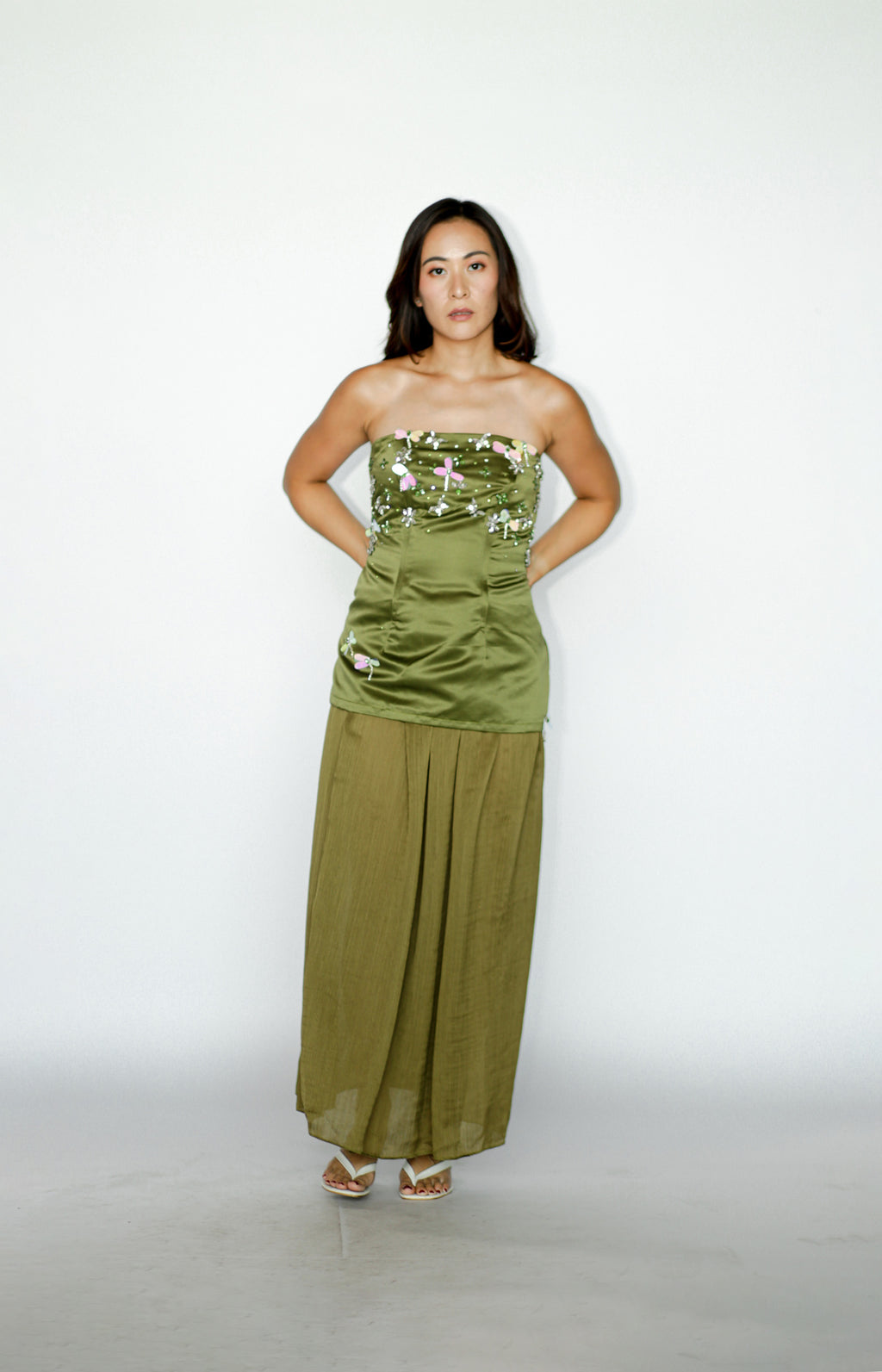 Moss Green Embellished Top with Matching Skirt