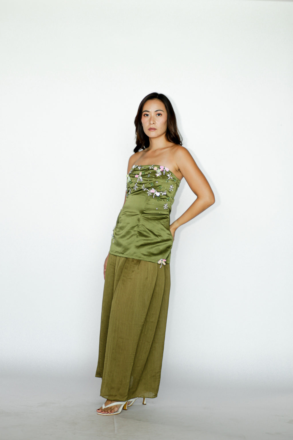 Moss Green Embellished Top with Matching Skirt