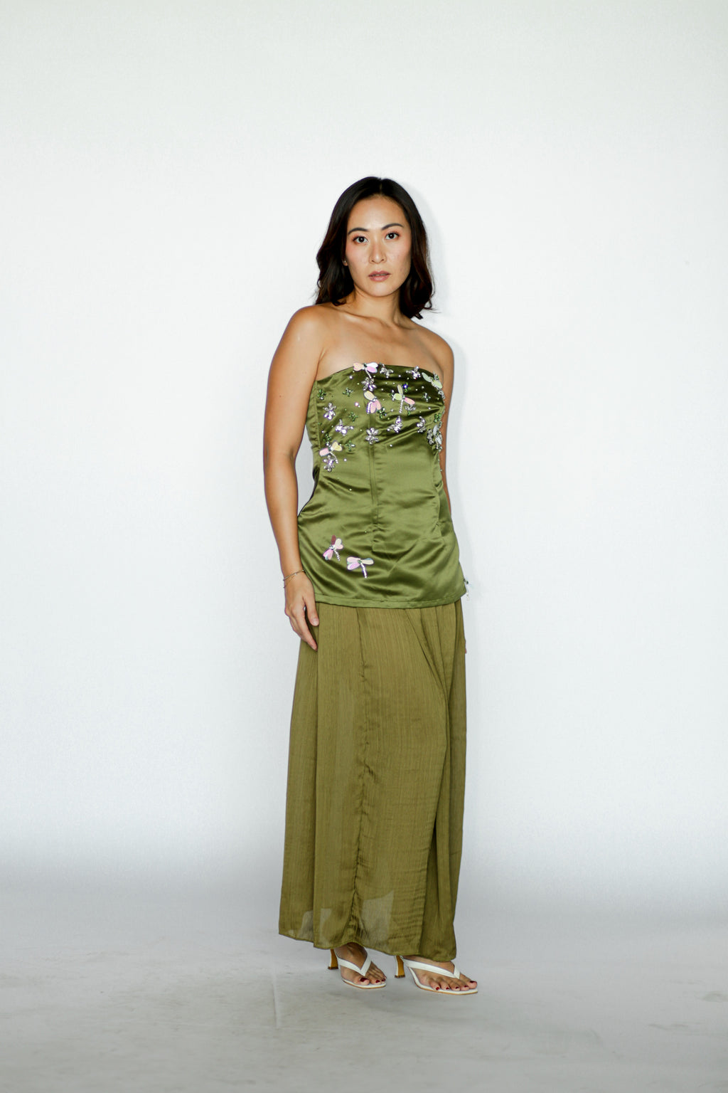Moss Green Embellished Top with Matching Skirt