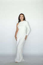 White One Sided Long Sleeves Maxi Dress
