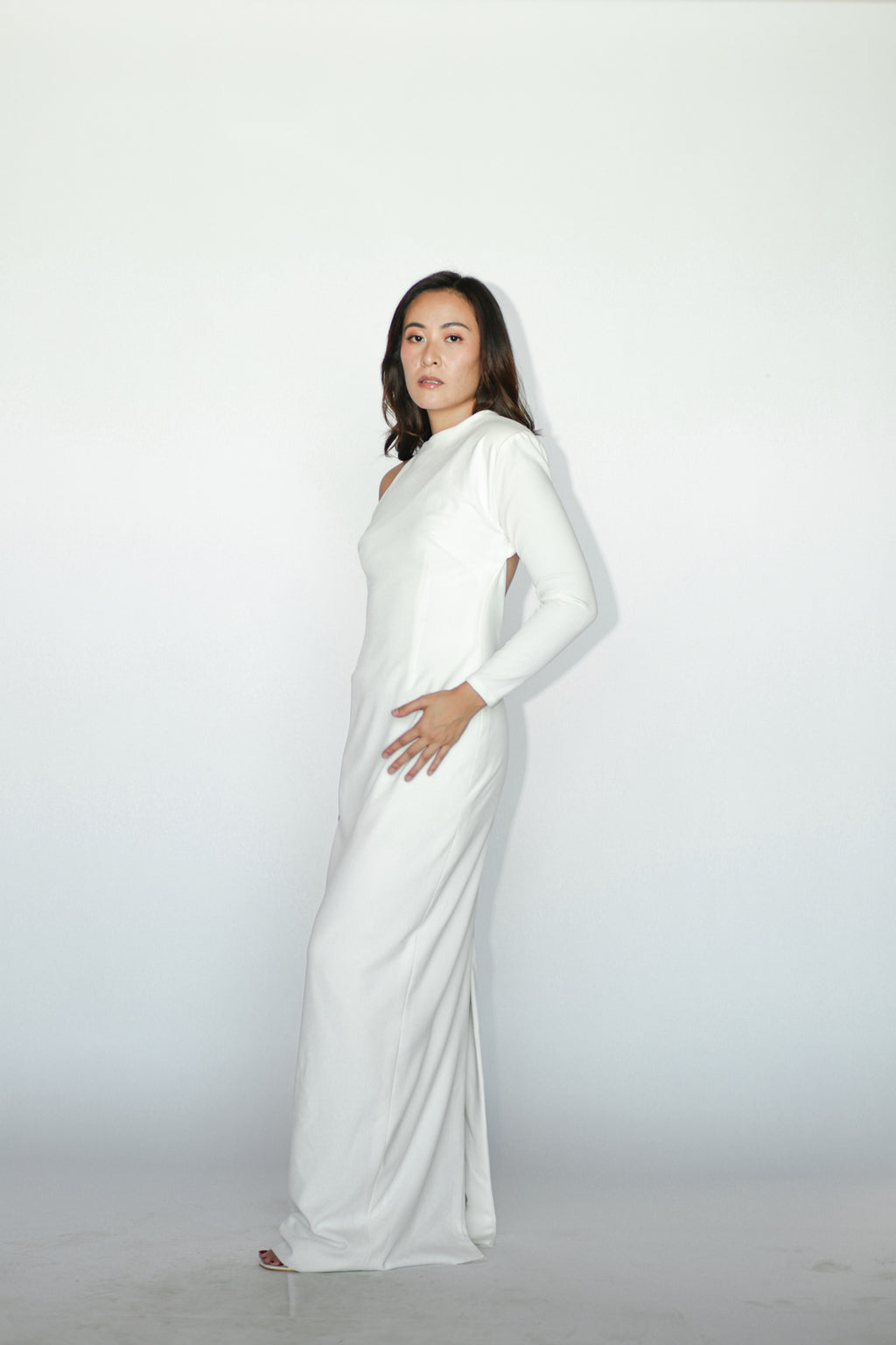 White One Sided Long Sleeves Maxi Dress