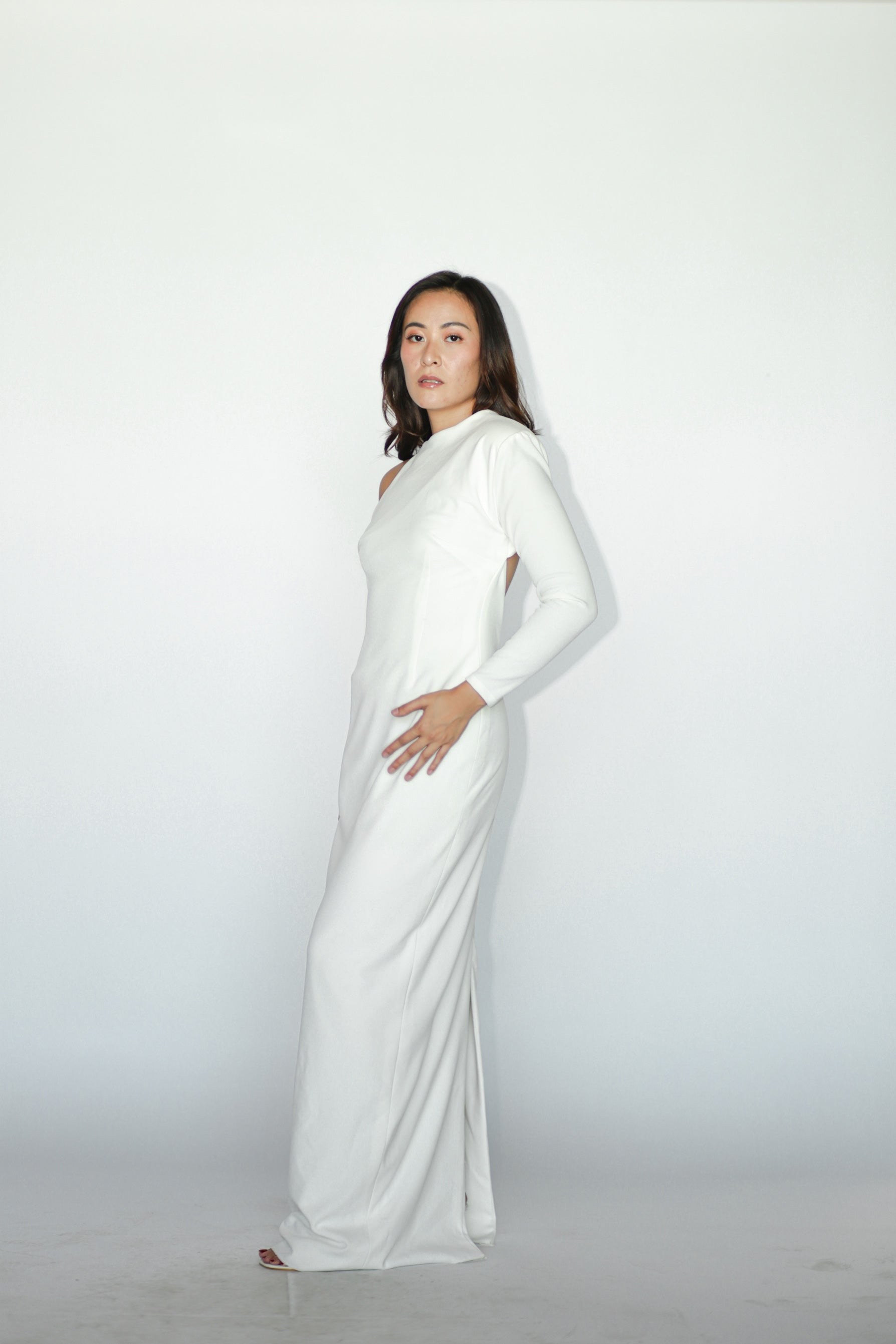 White One Sided Long Sleeves Maxi Dress