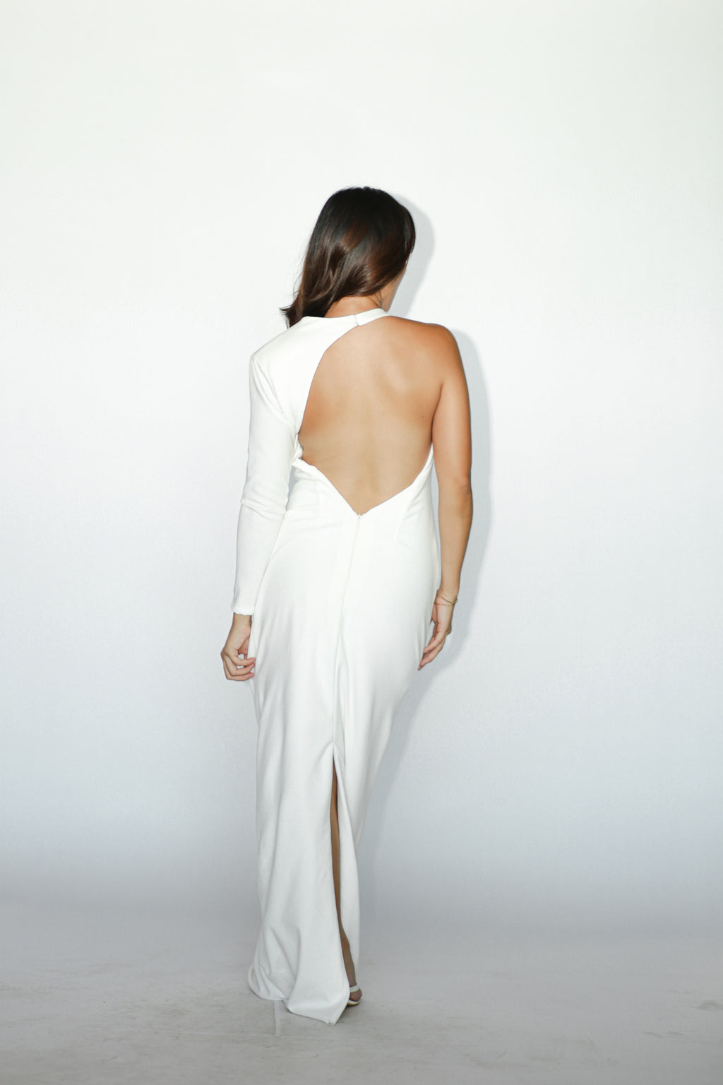 White One Sided Long Sleeves Maxi Dress