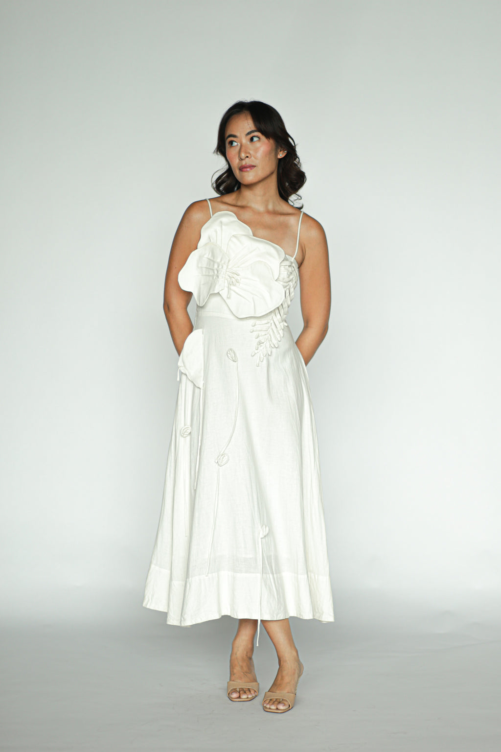 Floral-Appliqué Linen Blend Midi Dress