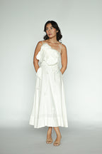 Floral-Appliqué Linen Blend Midi Dress