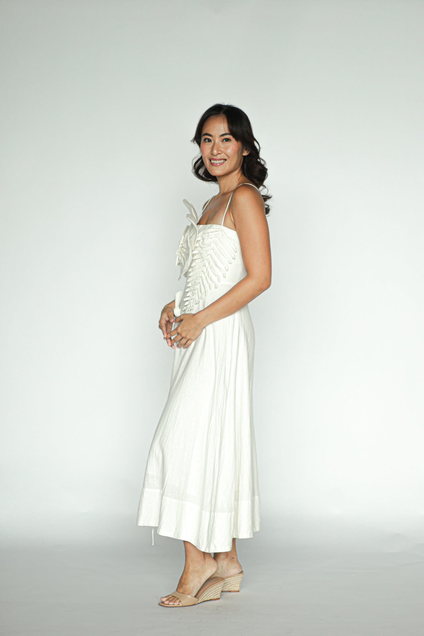 Floral-Appliqué Linen Blend Midi Dress