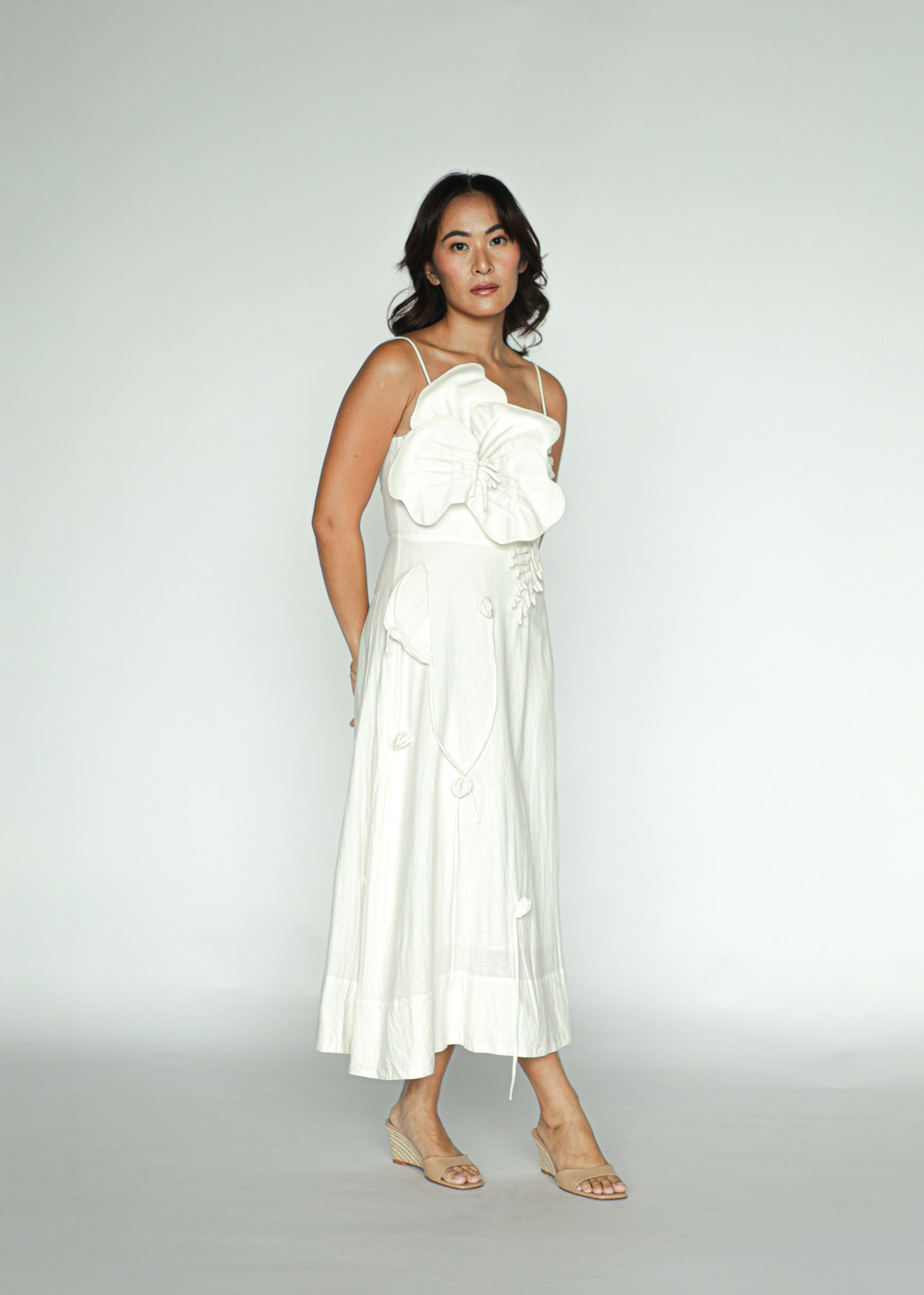 Floral-Appliqué Linen Blend Midi Dress