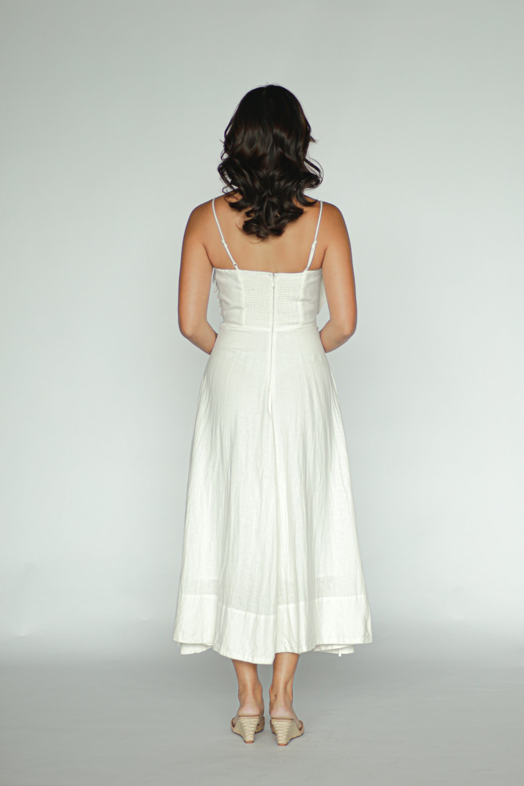 Floral-Appliqué Linen Blend Midi Dress