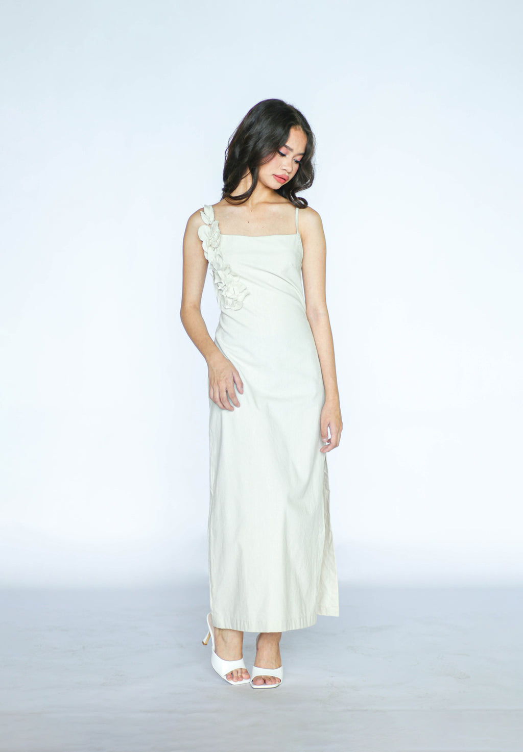 Beige Linen Floral Appliqué Maxi Dress
