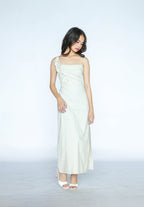 Beige Linen Floral Appliqué Maxi Dress