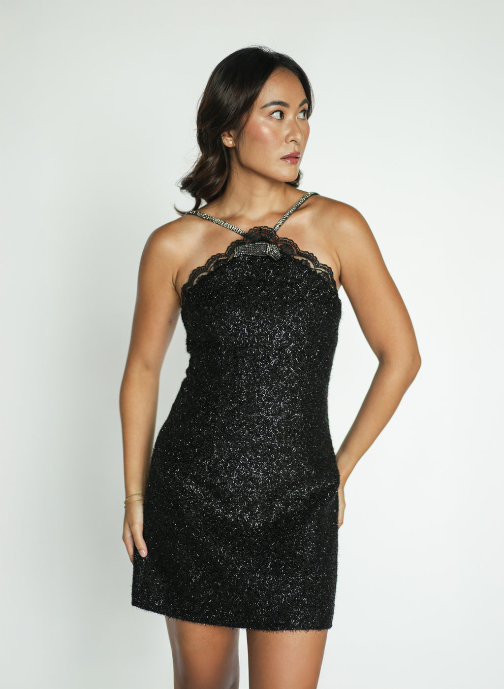 Black Tinsel Boule Halter Mini