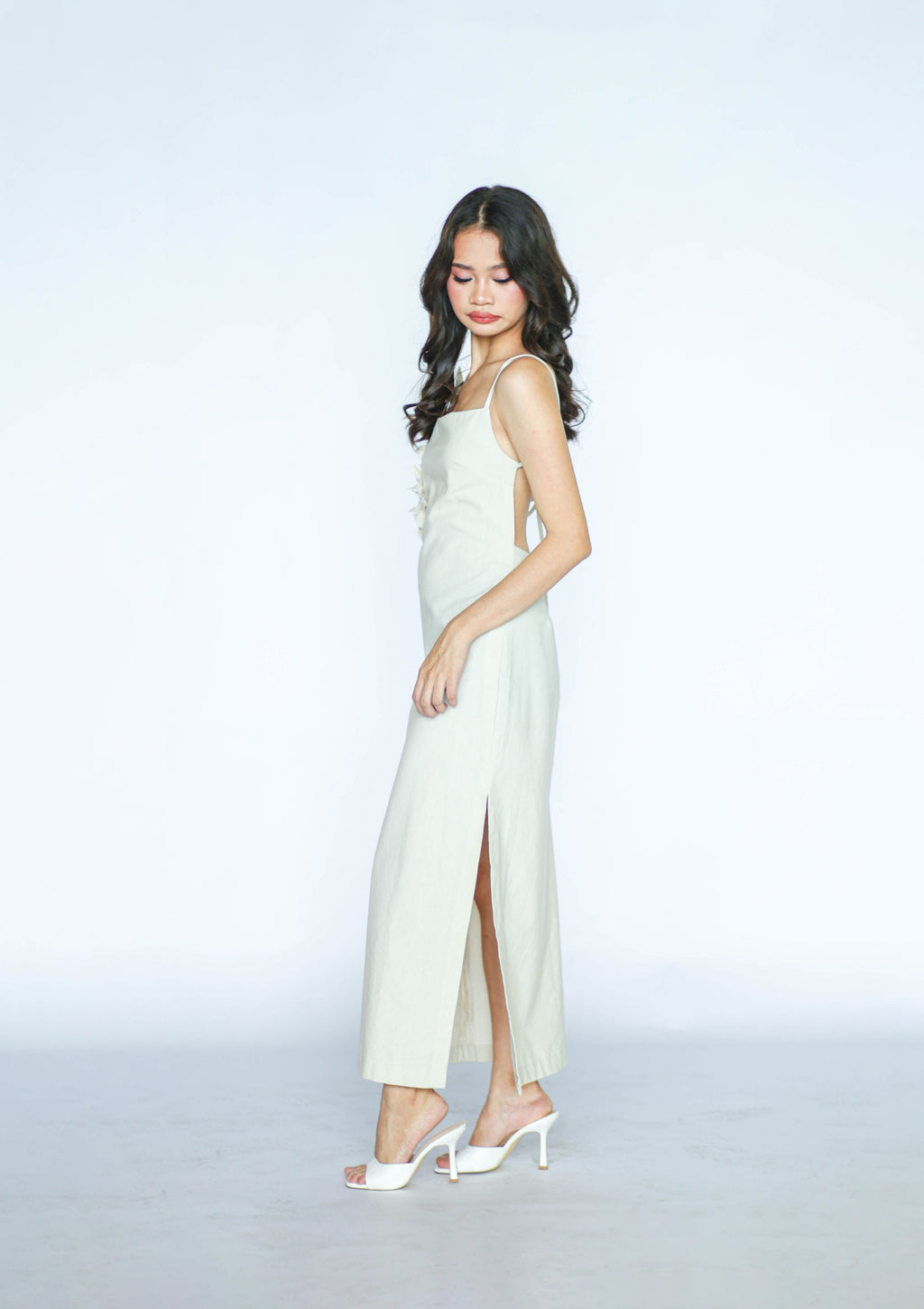 Beige Linen Floral Appliqué Maxi Dress