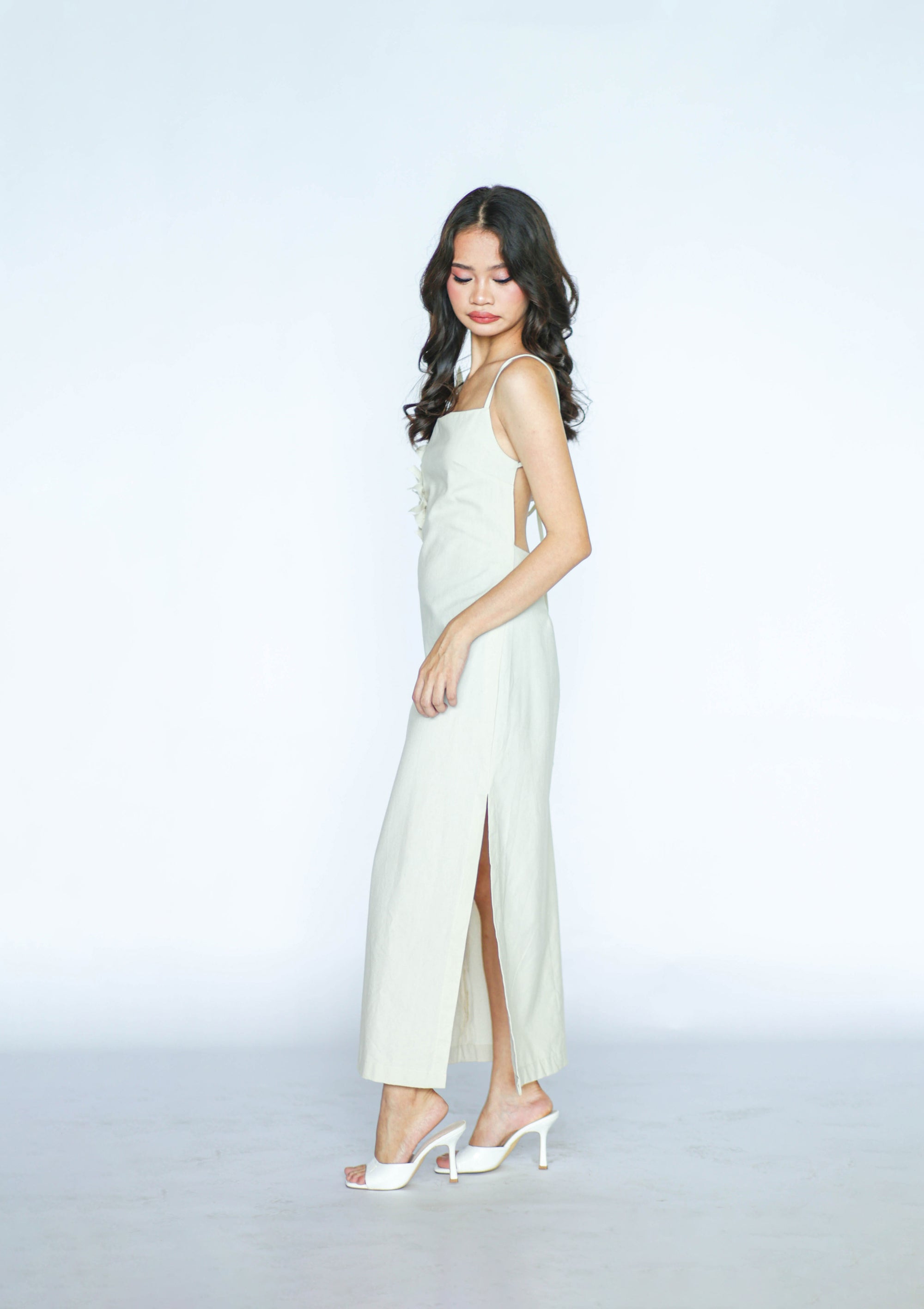 Beige Linen Floral Appliqué Maxi Dress
