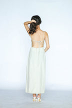Beige Linen Floral Appliqué Maxi Dress