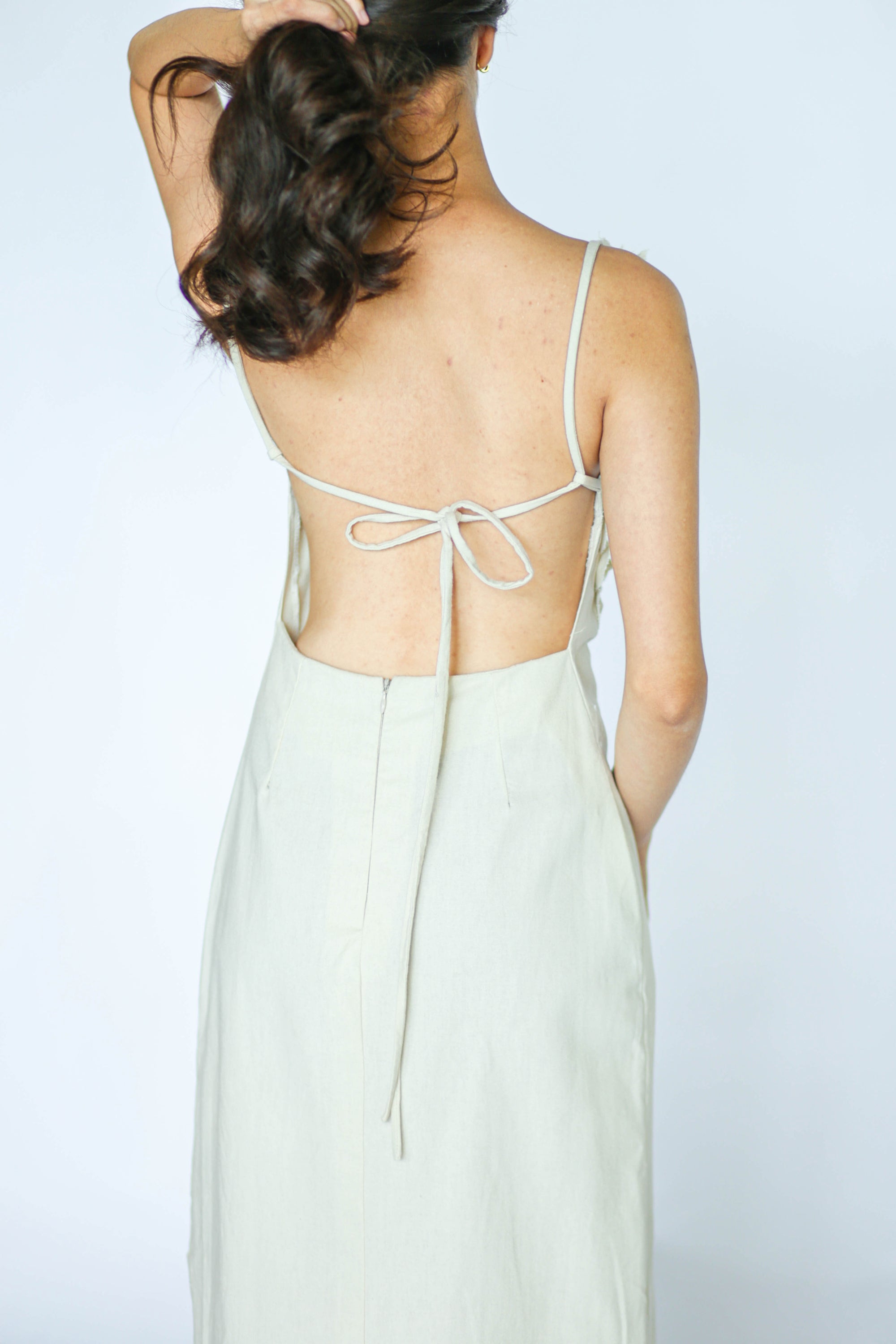 Beige Linen Floral Appliqué Maxi Dress