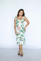 Floral Pink and Green Serpentine Midi Dress