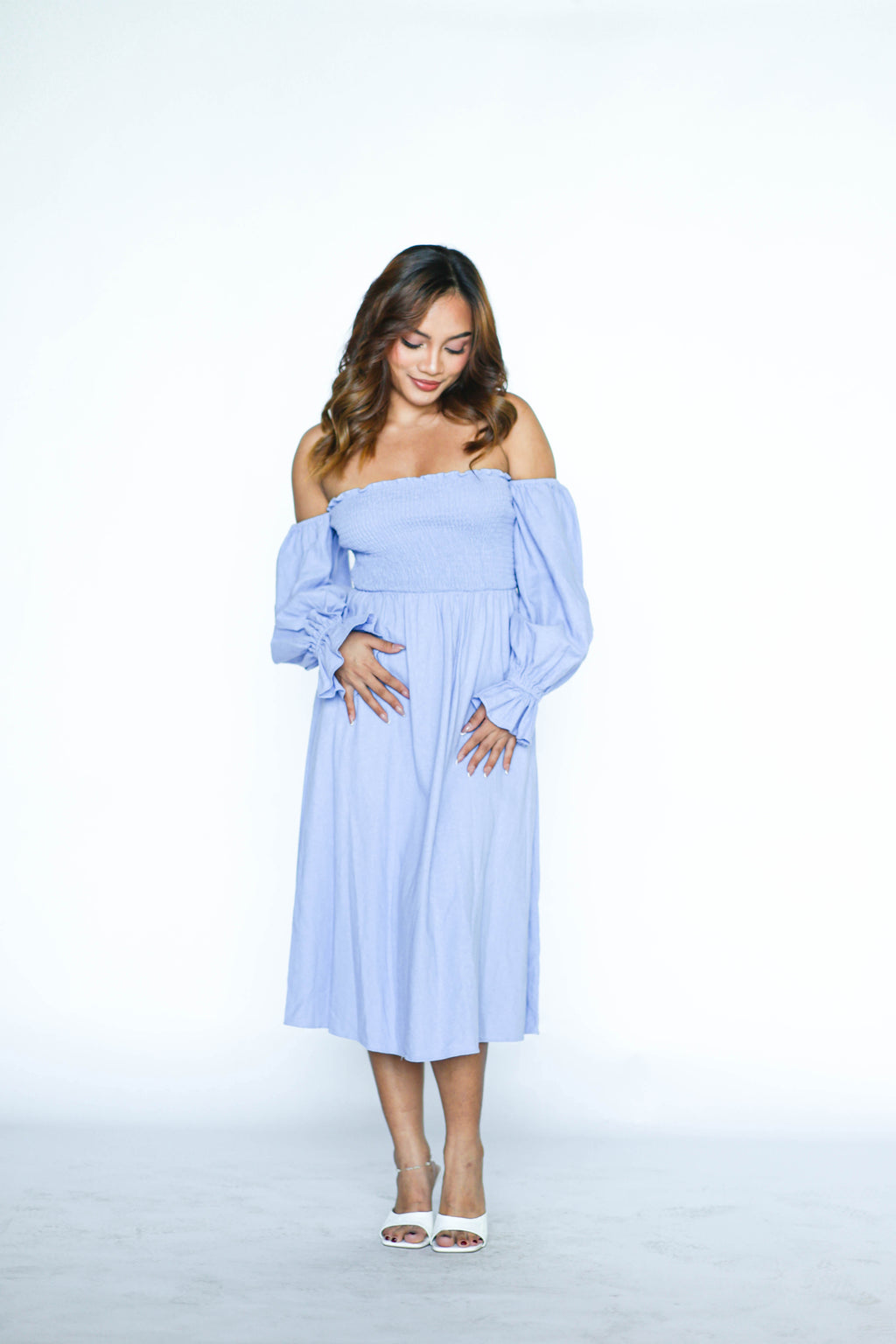 Off Shoulder Smocked Blue Midi Dress