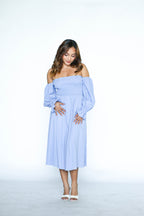 Off Shoulder Smocked Blue Midi Dress