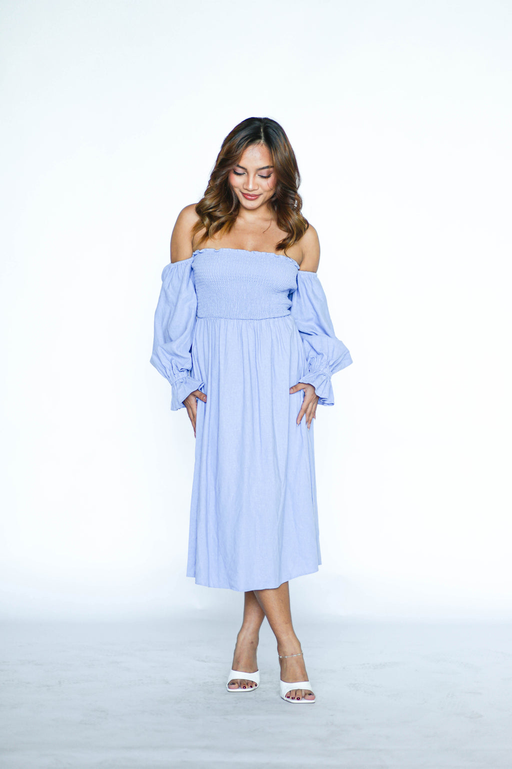 Off Shoulder Smocked Blue Midi Dress