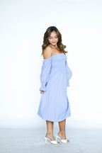 Off Shoulder Smocked Blue Midi Dress