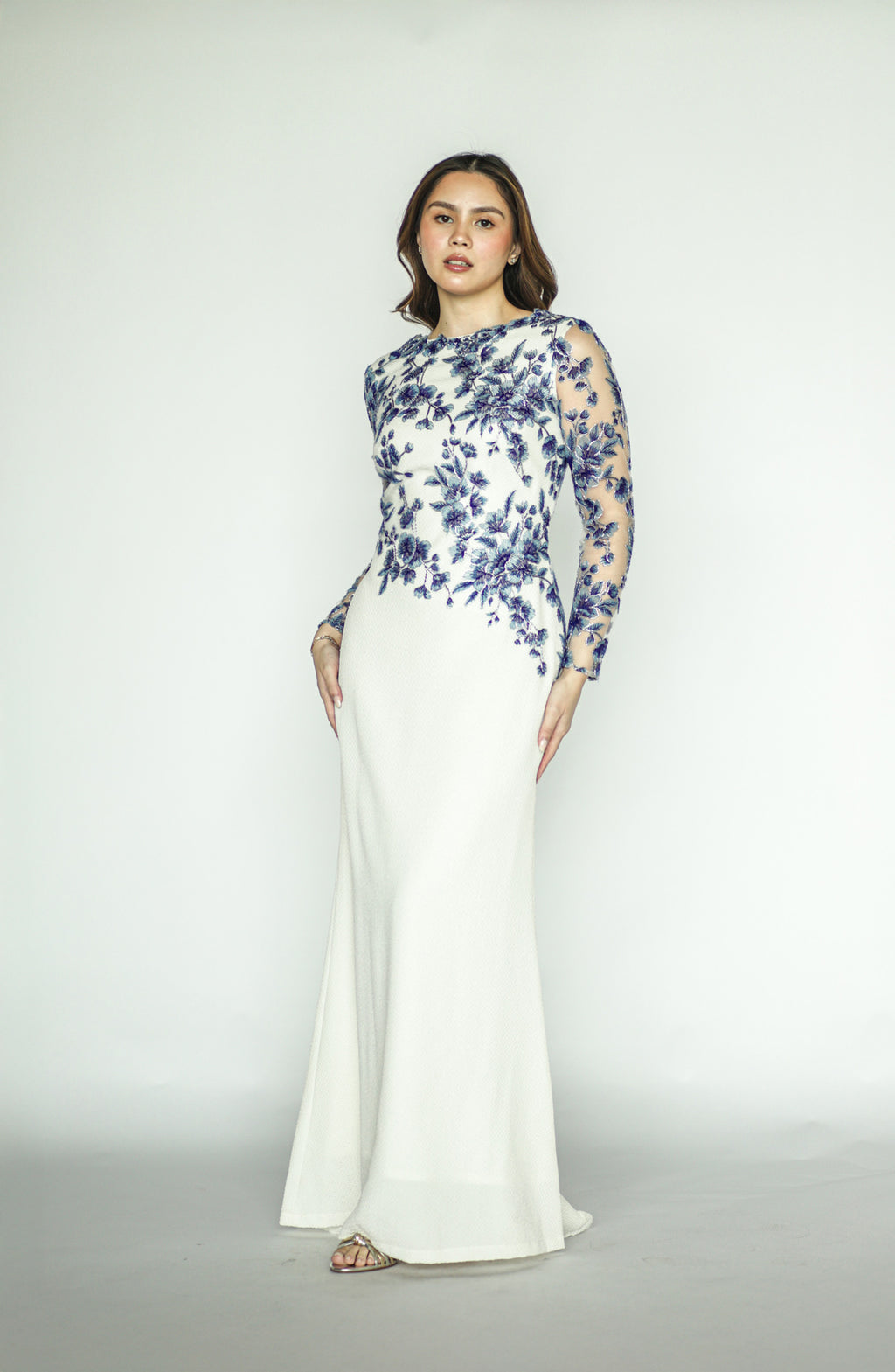 White Long Gown With Blue Floral Appliqué