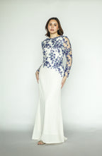 White Long Gown With Blue Floral Appliqué