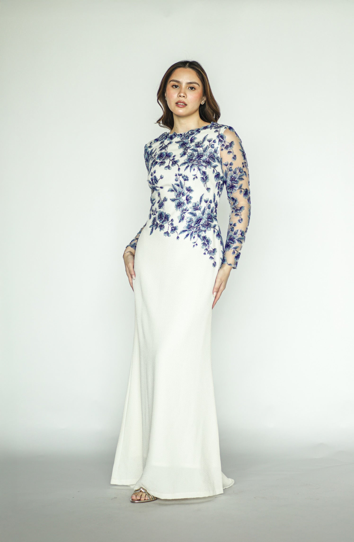 White Long Gown With Blue Floral Appliqué