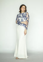 White Long Gown With Blue Floral Appliqué