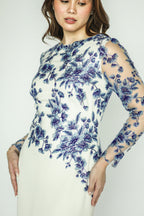 White Long Gown With Blue Floral Appliqué