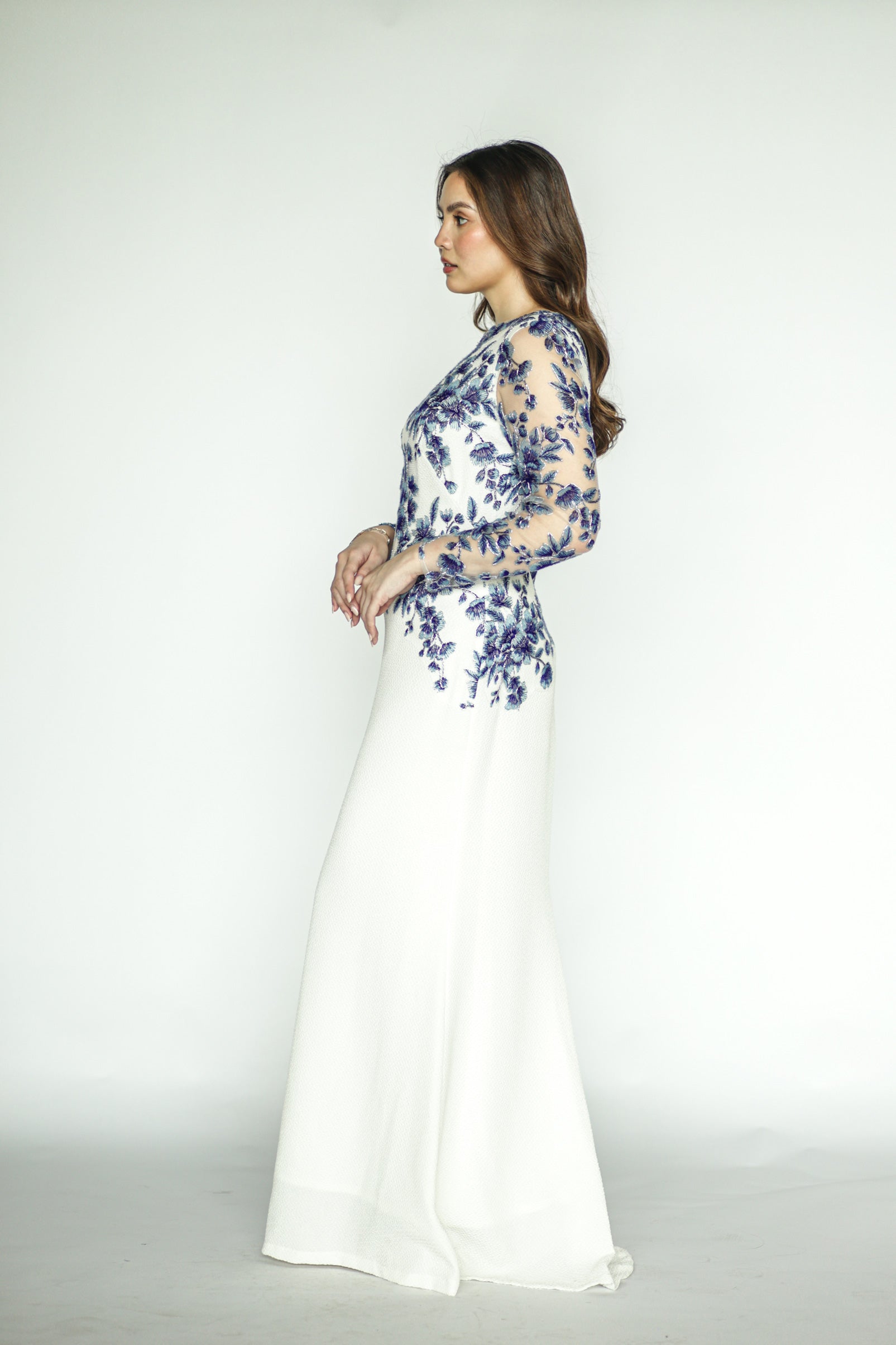 White Long Gown With Blue Floral Appliqué