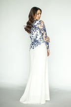 White Long Gown With Blue Floral Appliqué
