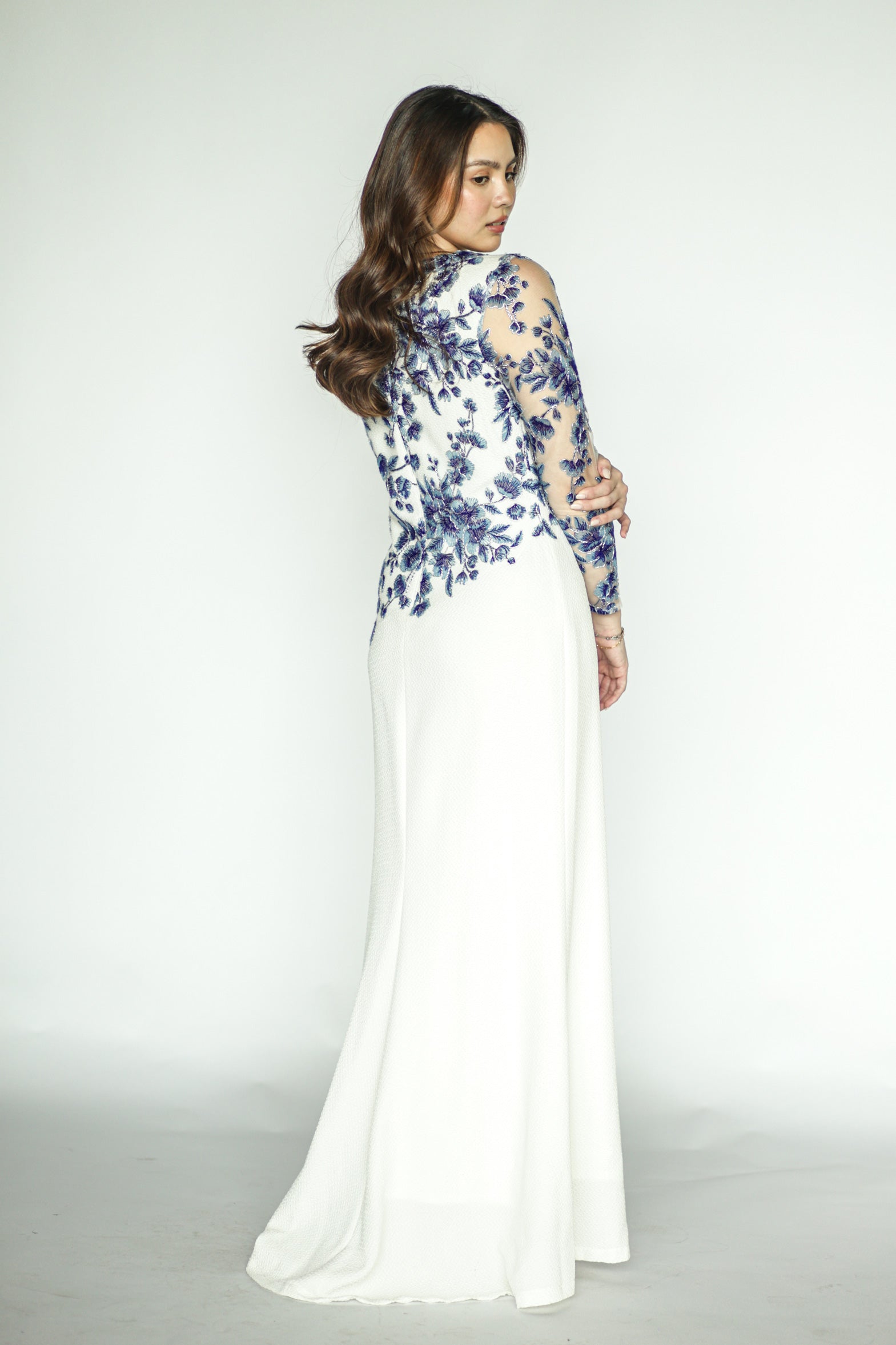 White Long Gown With Blue Floral Appliqué
