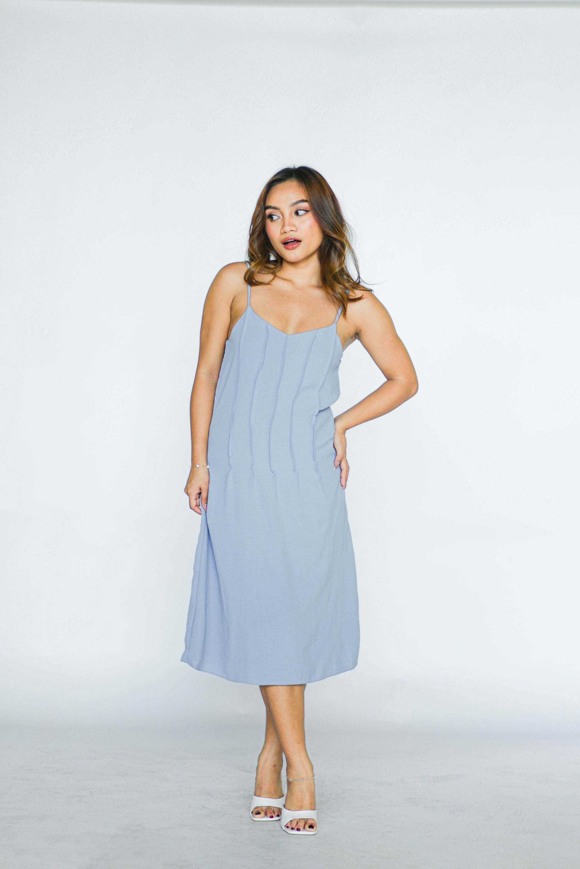 Dusty Blue Pleated Midi Dress