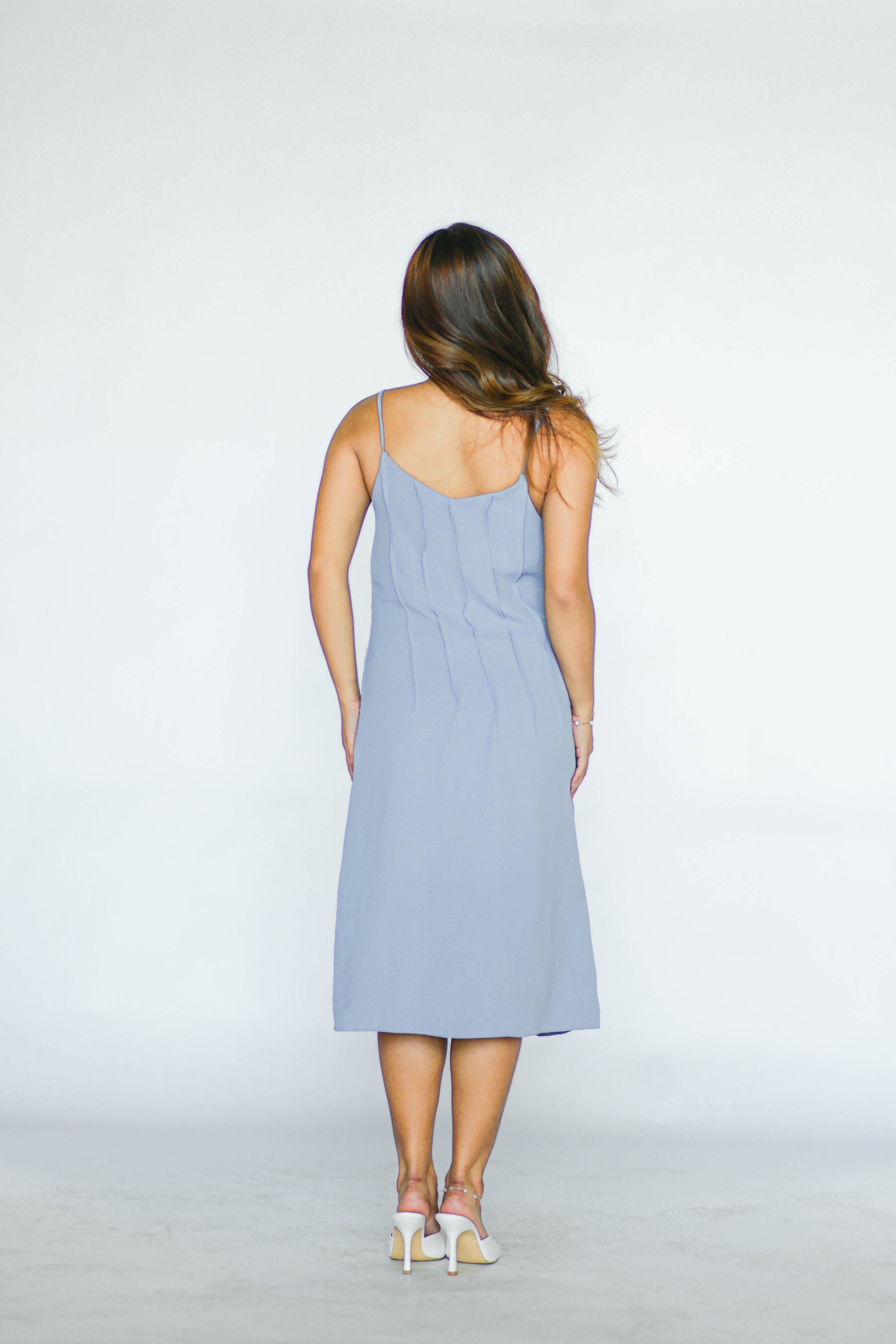 Dusty Blue Pleated Midi Dress