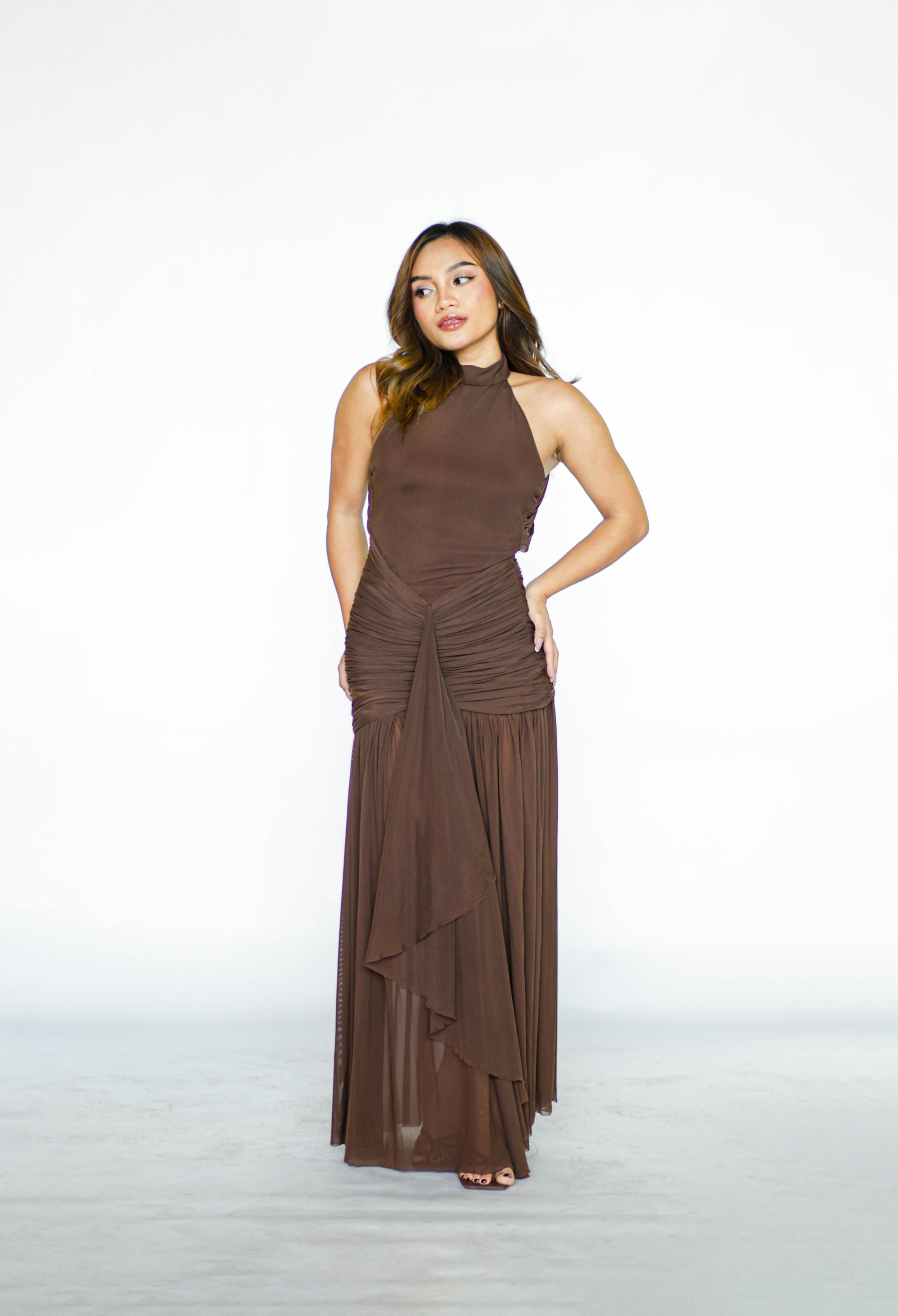 Chocolate Brown Halter Draped Maxi Dress