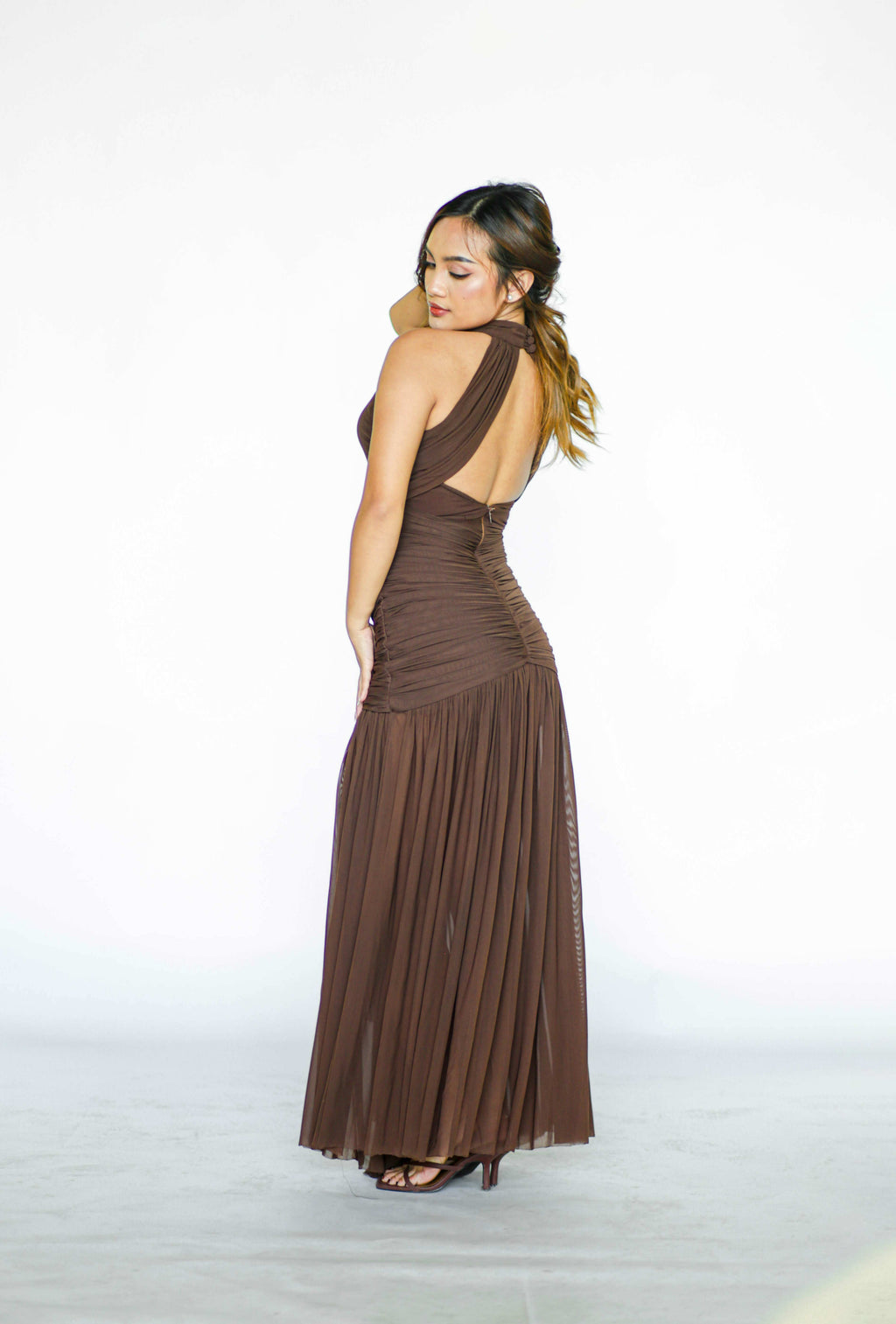 Chocolate Brown Halter Draped Maxi Dress